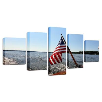 American Flag Seascape 5 Piece HD Multi Panel Canvas Wall Art Frame-Original Frame