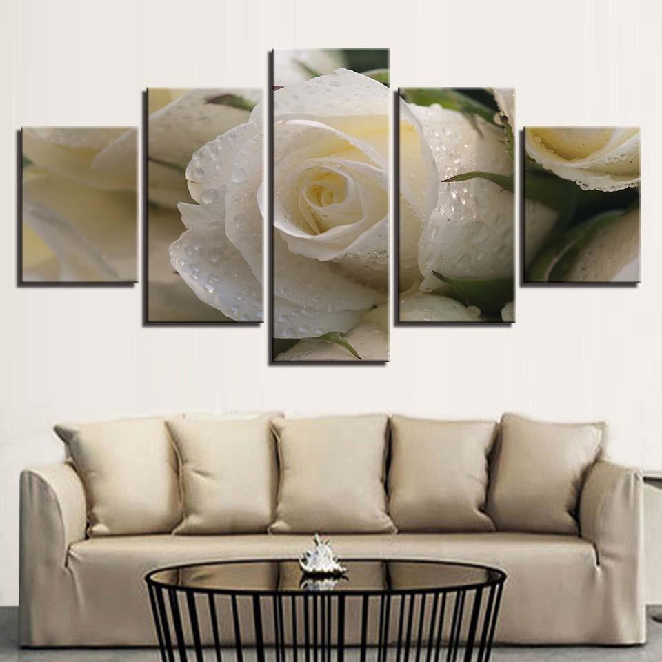 Beautiful White Rose 5 Piece HD Multi Panel Canvas Wall Art Frame-Original Frame