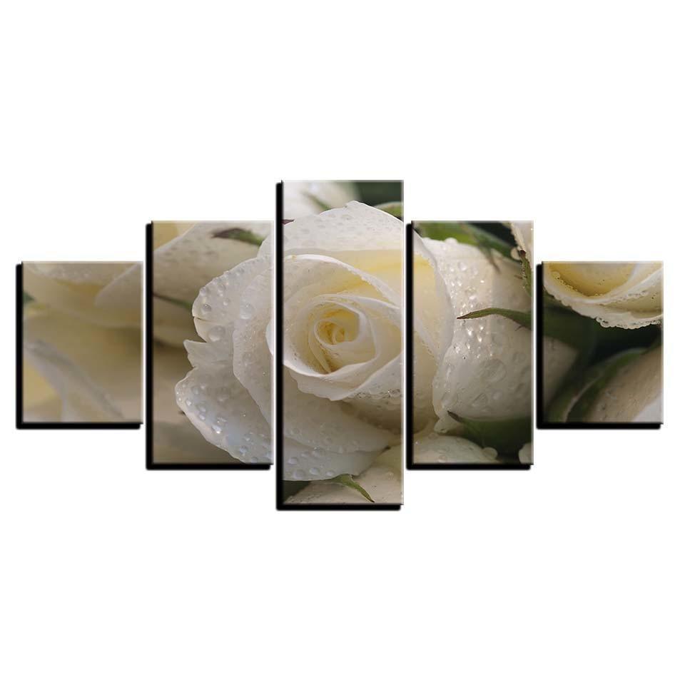 Beautiful White Rose 5 Piece HD Multi Panel Canvas Wall Art Frame-Original Frame