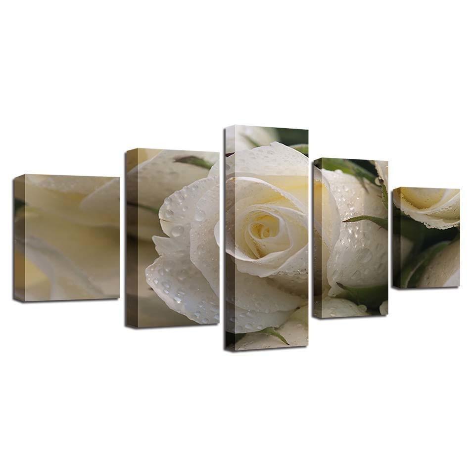 Beautiful White Rose 5 Piece HD Multi Panel Canvas Wall Art Frame-Original Frame