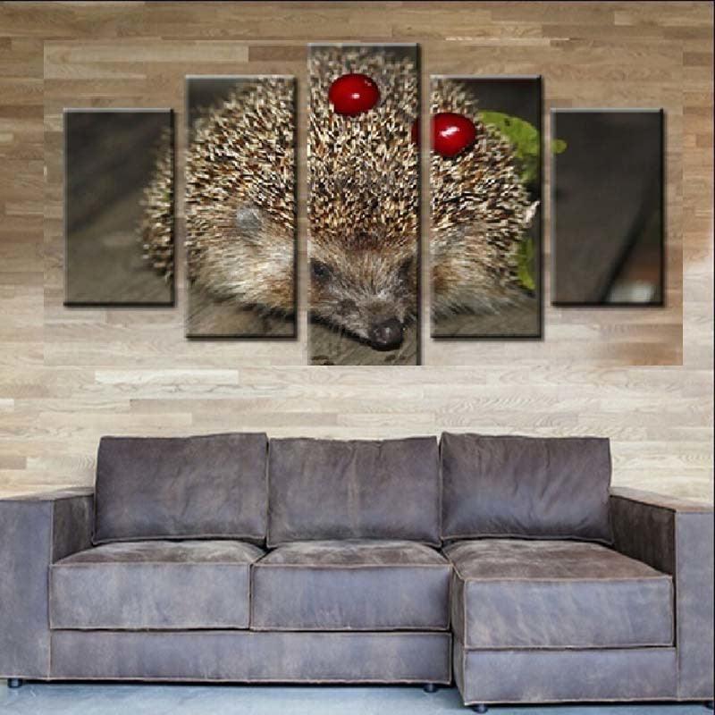 Hedgehog And Cherries 5 Piece HD Multi Panel Canvas Wall Art Frame-Original Frame