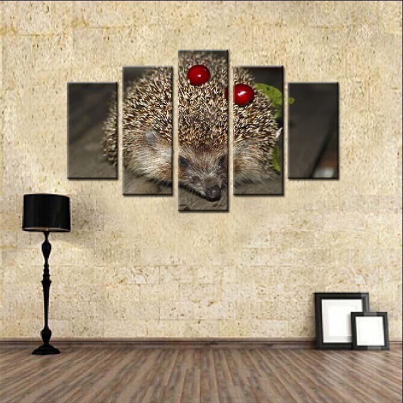 Hedgehog And Cherries 5 Piece HD Multi Panel Canvas Wall Art Frame-Original Frame