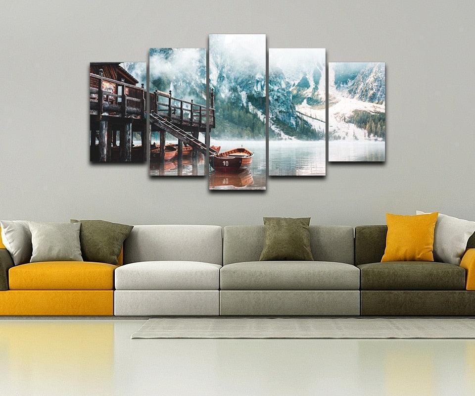 Foggy Lago Di Braies 5 Piece HD Multi Panel Canvas Wall Art Frame-Original Frame