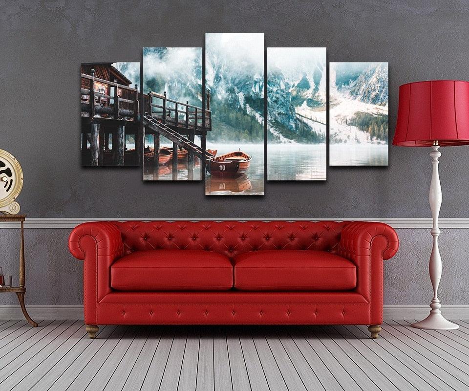 Foggy Lago Di Braies 5 Piece HD Multi Panel Canvas Wall Art Frame-Original Frame