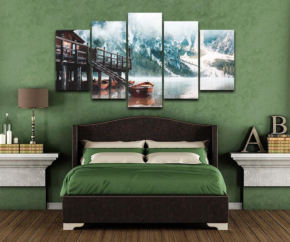 Foggy Lago Di Braies 5 Piece HD Multi Panel Canvas Wall Art Frame-Original Frame