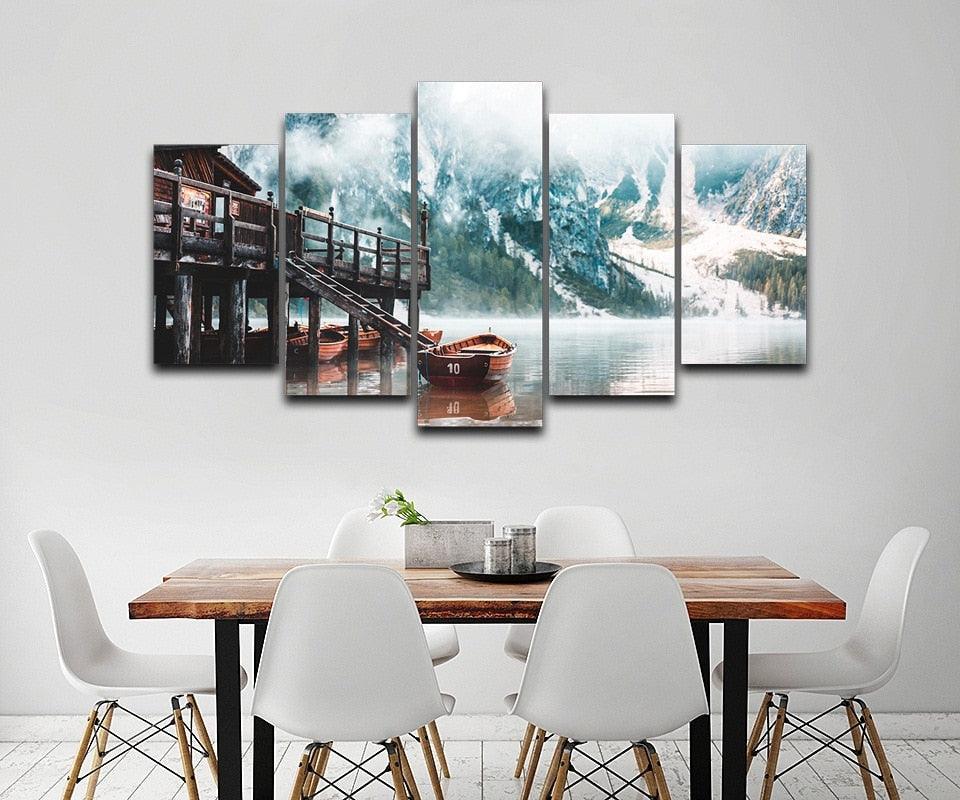 Foggy Lago Di Braies 5 Piece HD Multi Panel Canvas Wall Art Frame-Original Frame