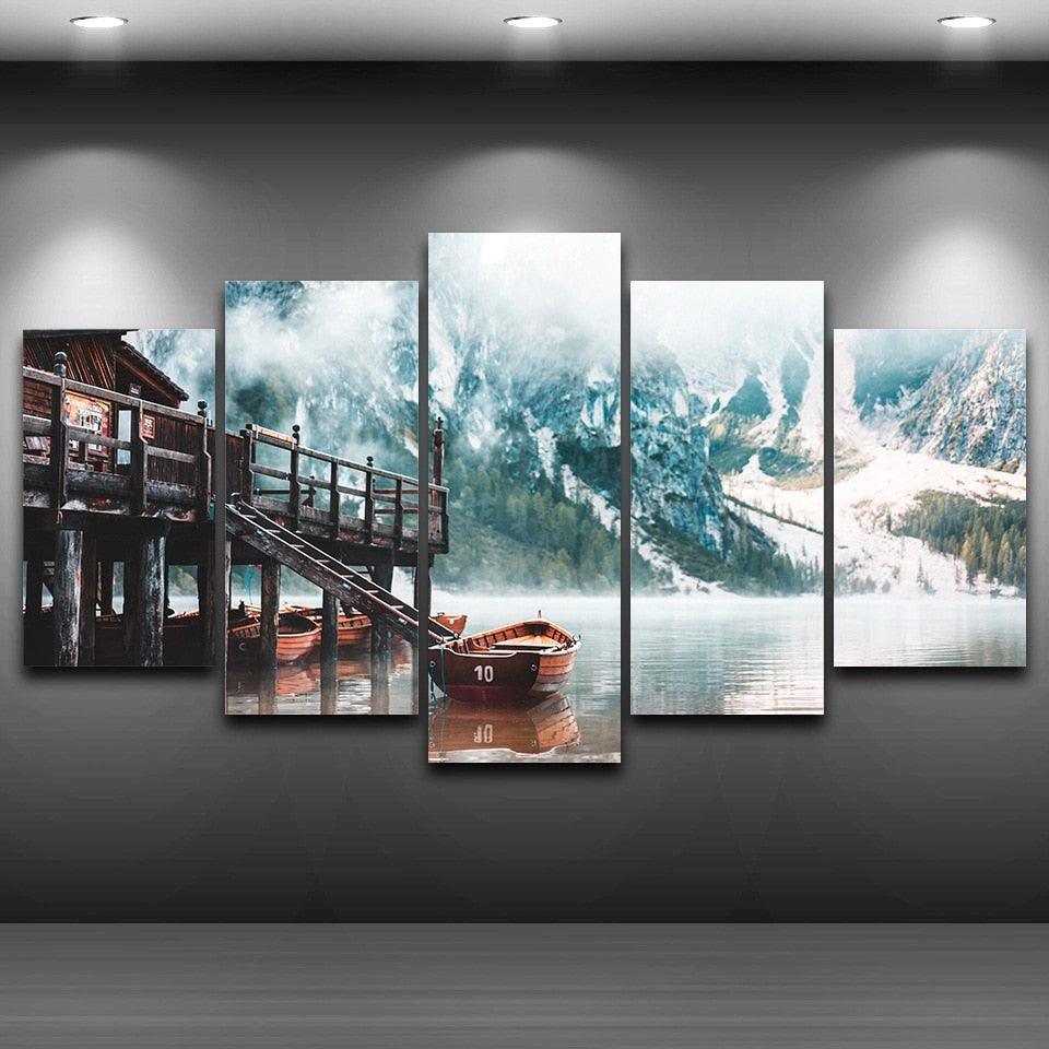 Foggy Lago Di Braies 5 Piece HD Multi Panel Canvas Wall Art Frame-Original Frame