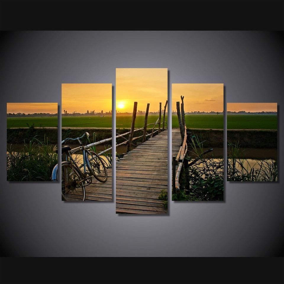 Bike on Bridge 5 Piece HD Multi Panel Canvas Wall Art Frame-Original Frame