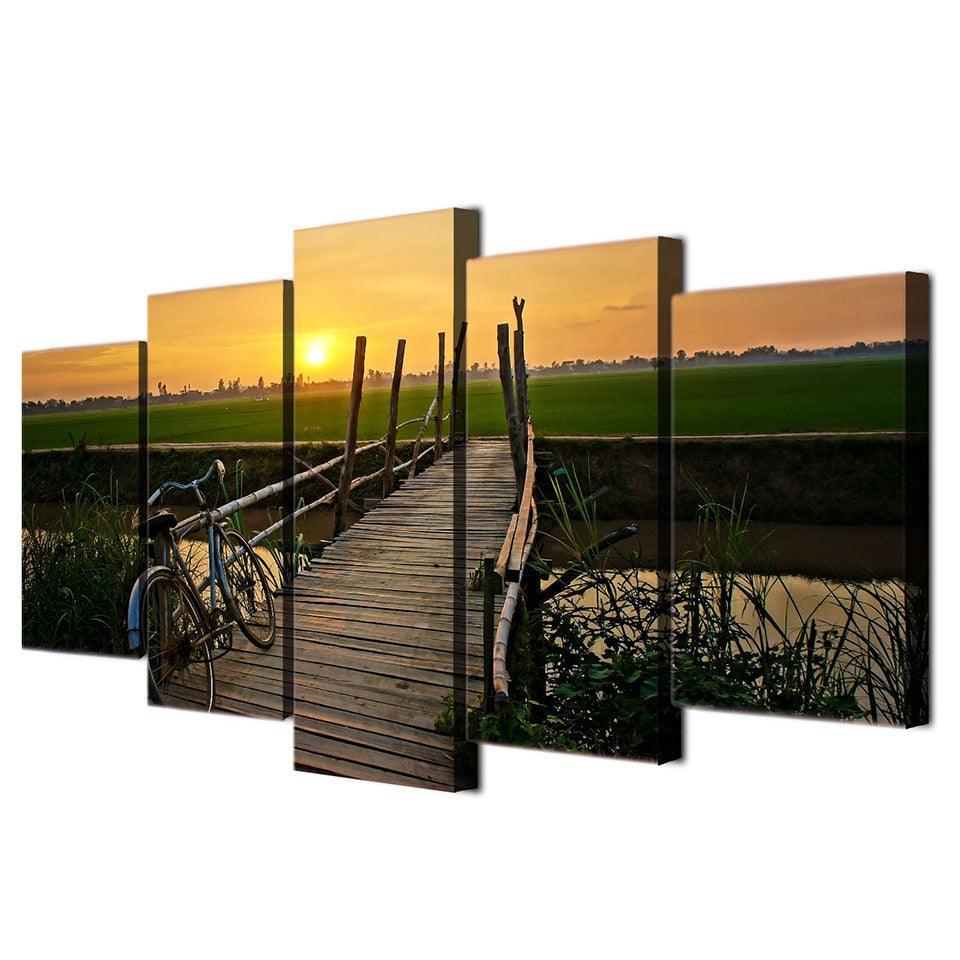 Bike on Bridge 5 Piece HD Multi Panel Canvas Wall Art Frame-Original Frame