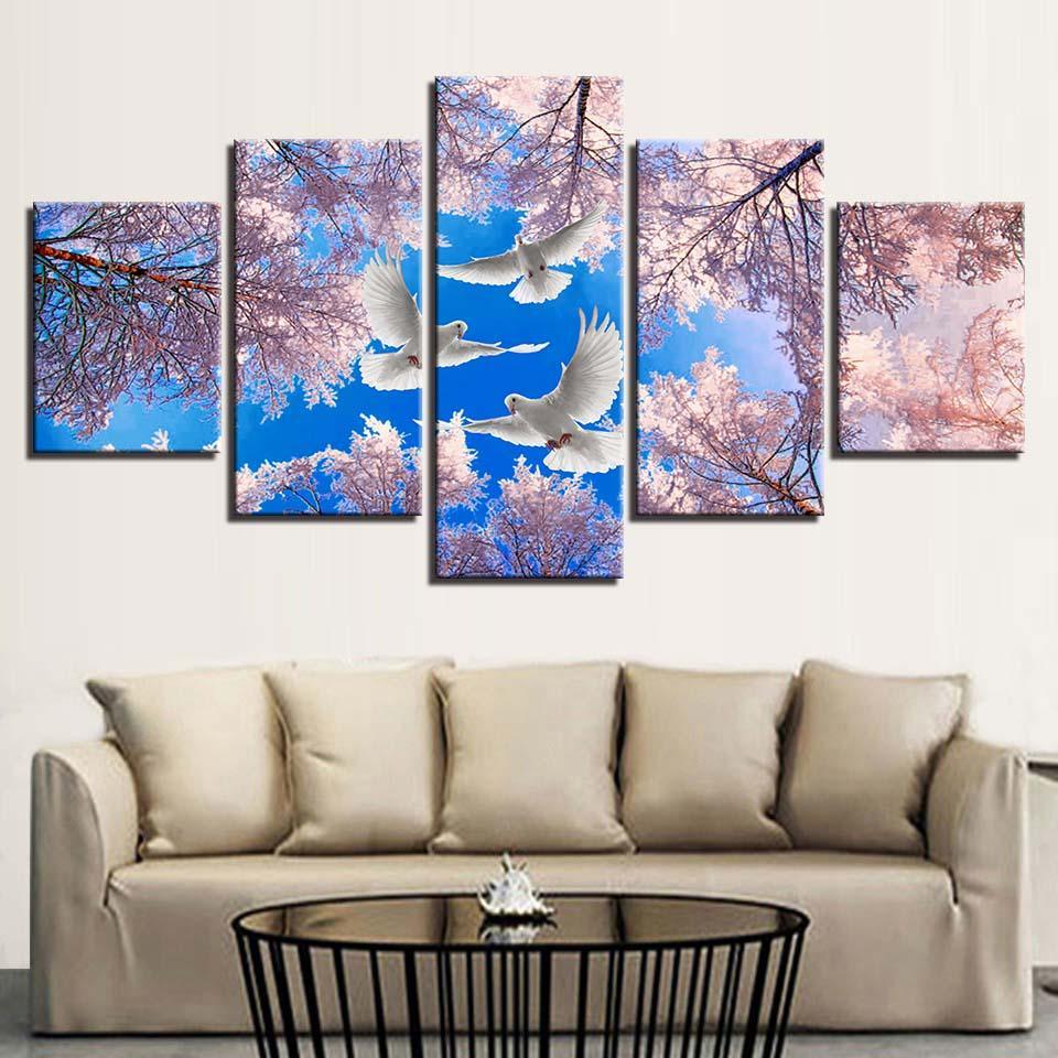 Tree And Doves 5 Piece HD Multi Panel Canvas Wall Art Frame-Original Frame