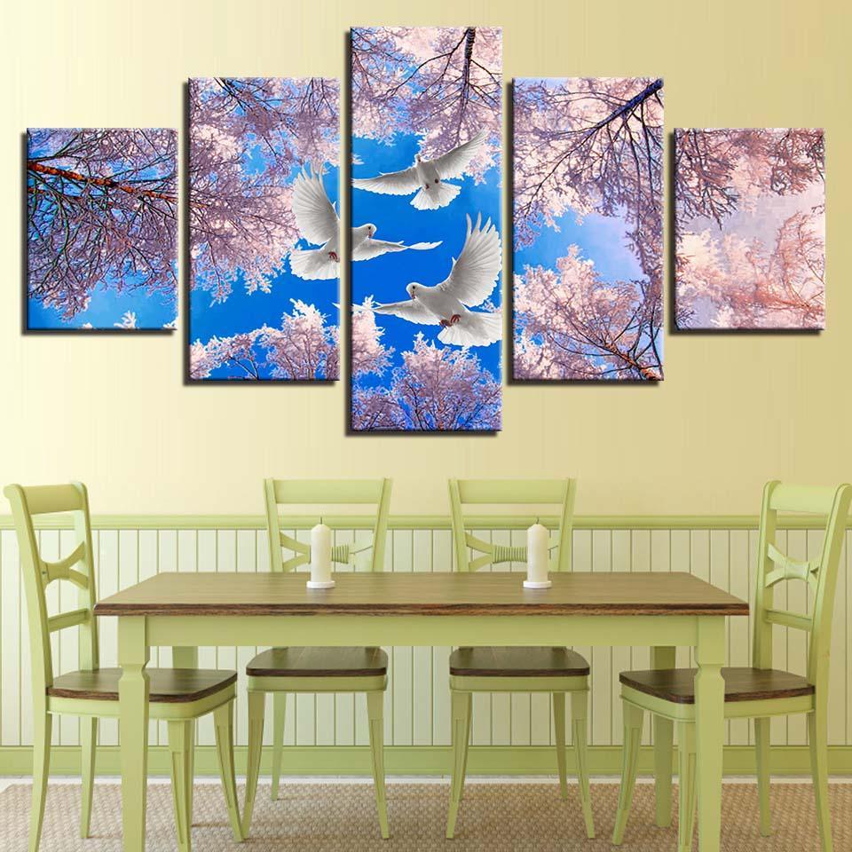 Tree And Doves 5 Piece HD Multi Panel Canvas Wall Art Frame-Original Frame