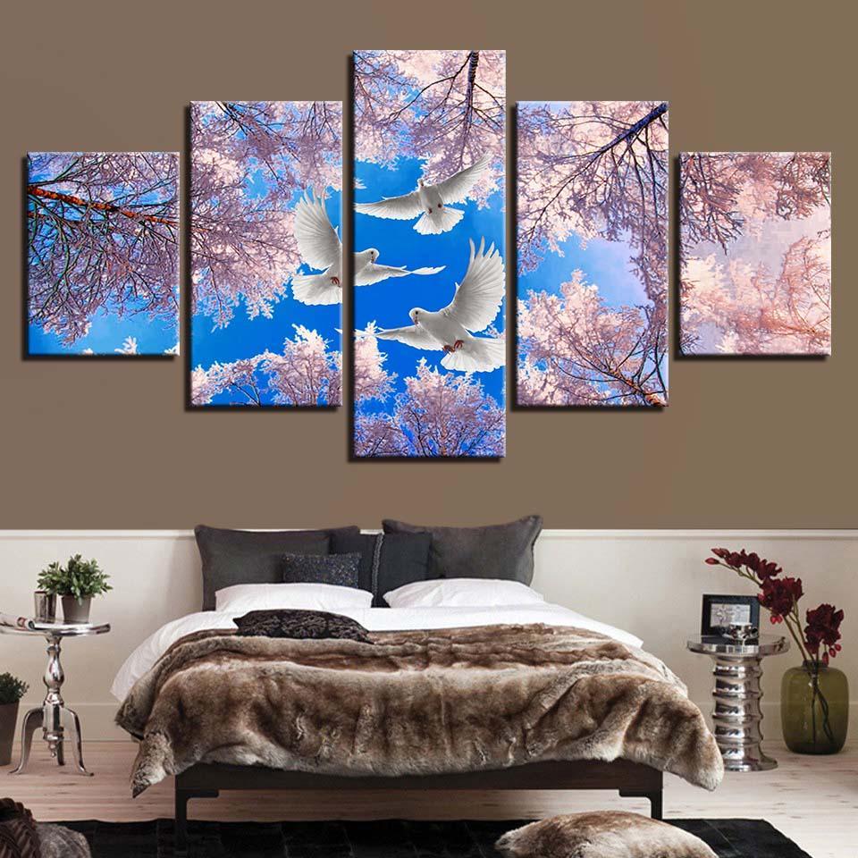 Tree And Doves 5 Piece HD Multi Panel Canvas Wall Art Frame-Original Frame