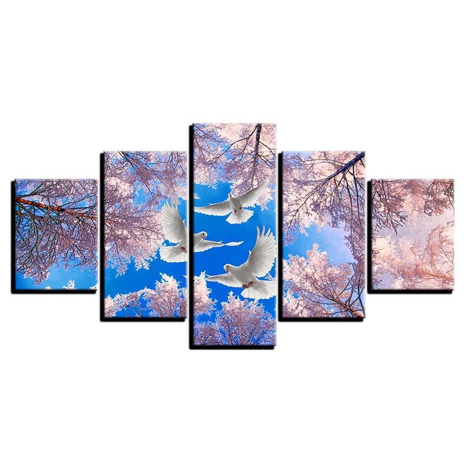 Tree And Doves 5 Piece HD Multi Panel Canvas Wall Art Frame-Original Frame