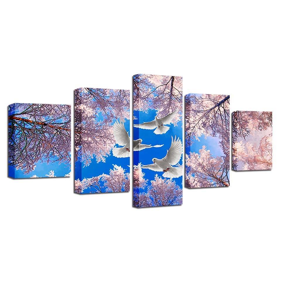 Tree And Doves 5 Piece HD Multi Panel Canvas Wall Art Frame-Original Frame
