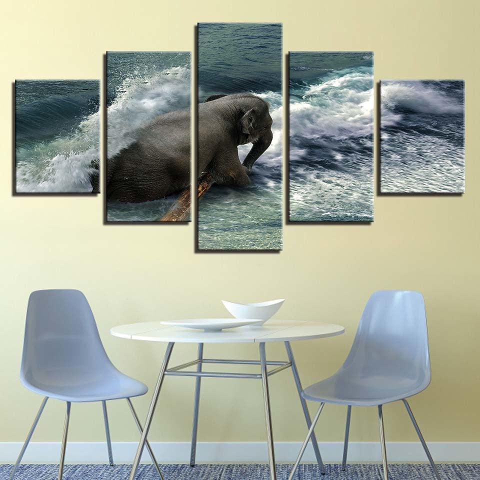 Elephant in the Ocean 5 Piece HD Multi Panel Canvas Wall Art Frame-Original Frame