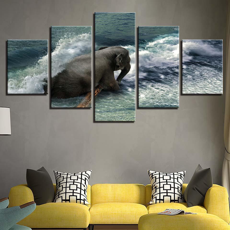 Elephant in the Ocean 5 Piece HD Multi Panel Canvas Wall Art Frame-Original Frame