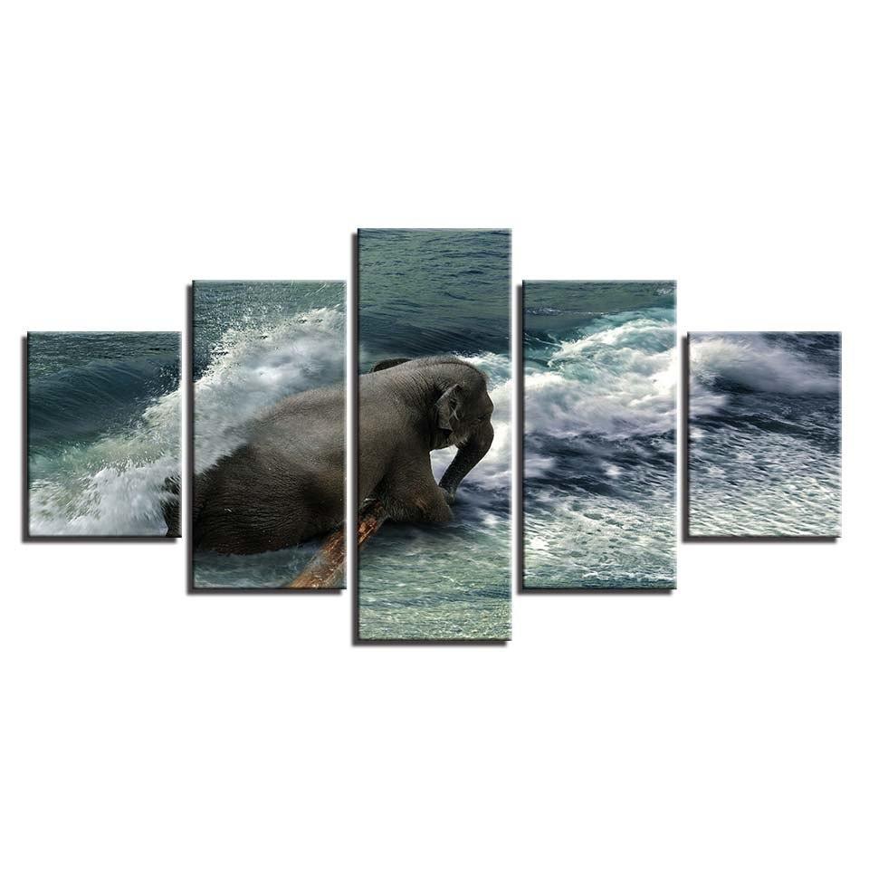 Elephant in the Ocean 5 Piece HD Multi Panel Canvas Wall Art Frame-Original Frame