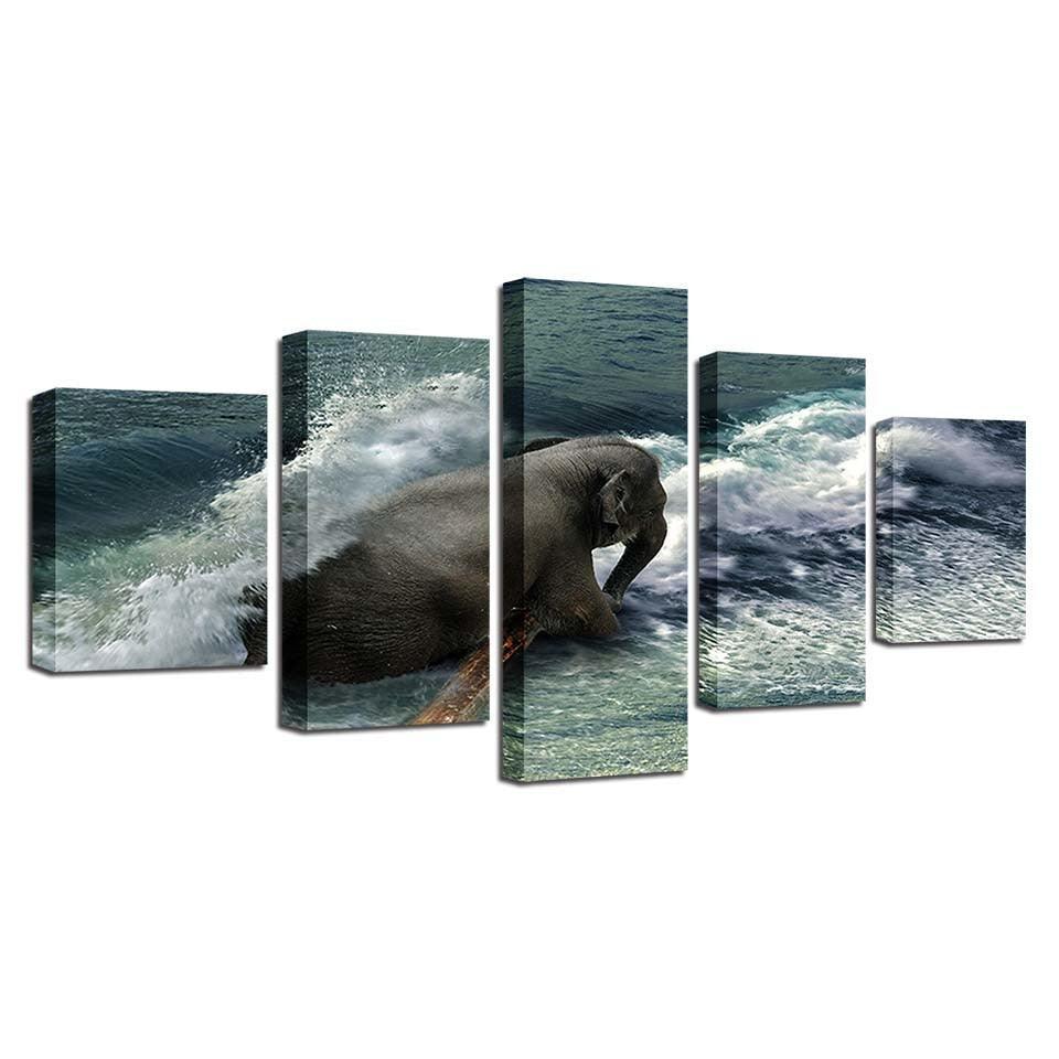 Elephant in the Ocean 5 Piece HD Multi Panel Canvas Wall Art Frame-Original Frame