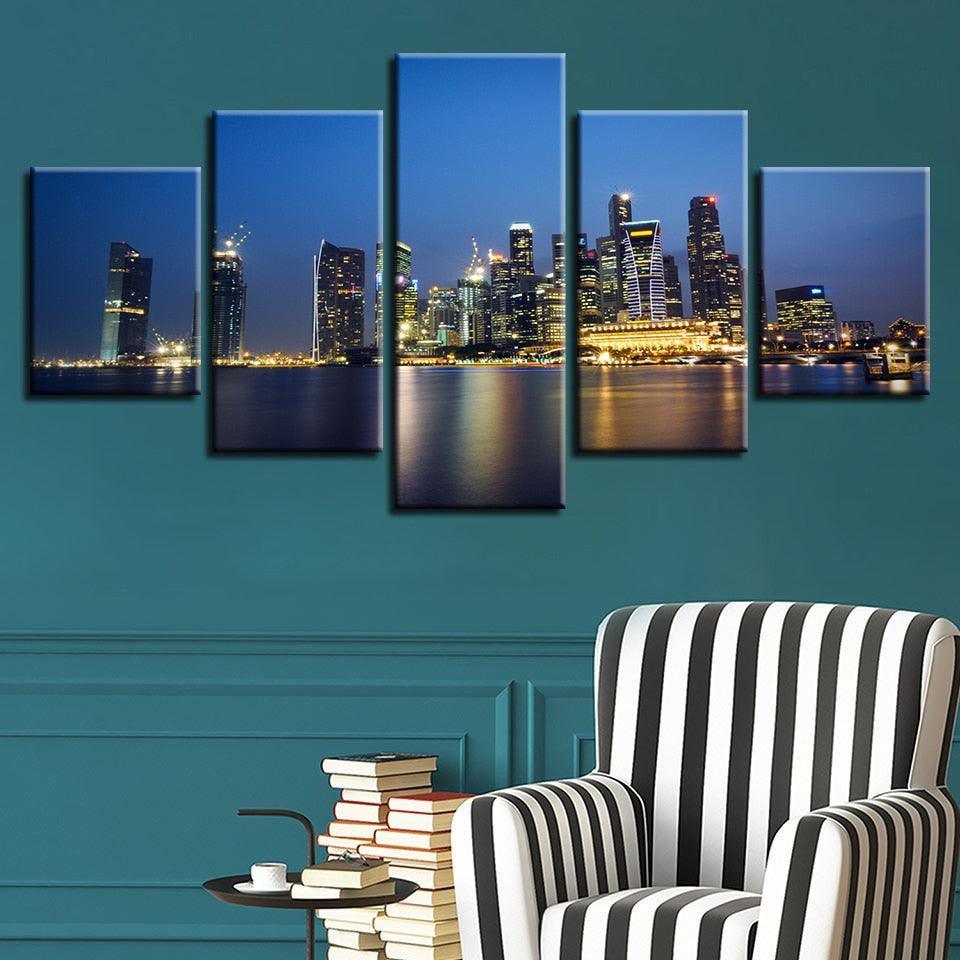 City Night Skyscrapers 5 Piece HD Multi Panel Canvas Wall Art Frame-Original Frame