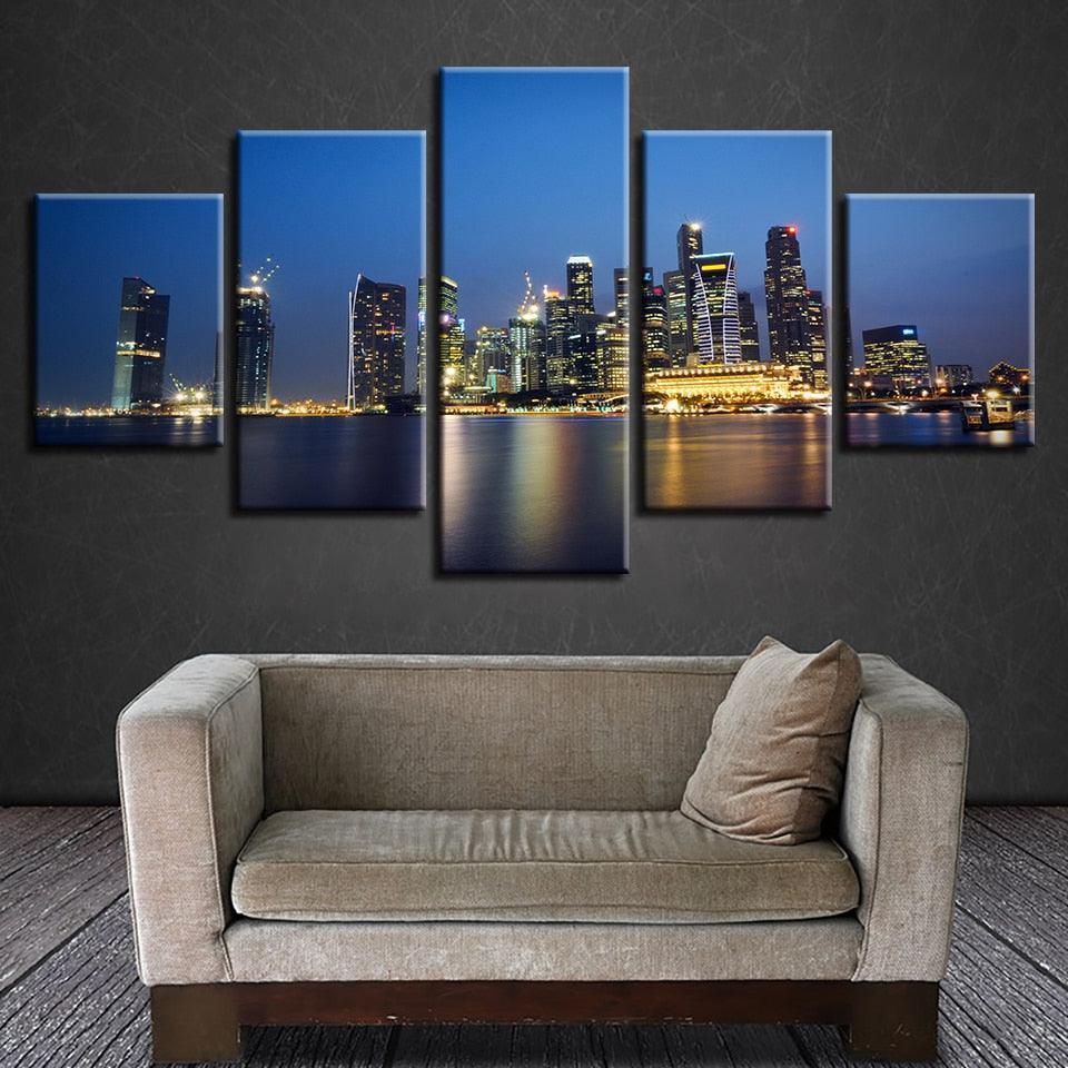 City Night Skyscrapers 5 Piece HD Multi Panel Canvas Wall Art Frame-Original Frame