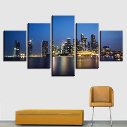 City Night Skyscrapers 5 Piece HD Multi Panel Canvas Wall Art Frame-Original Frame