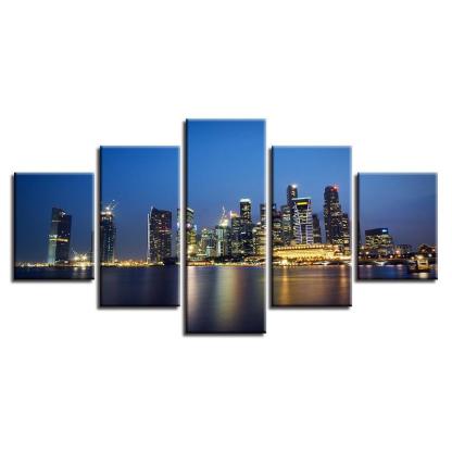 City Night Skyscrapers 5 Piece HD Multi Panel Canvas Wall Art Frame-Original Frame