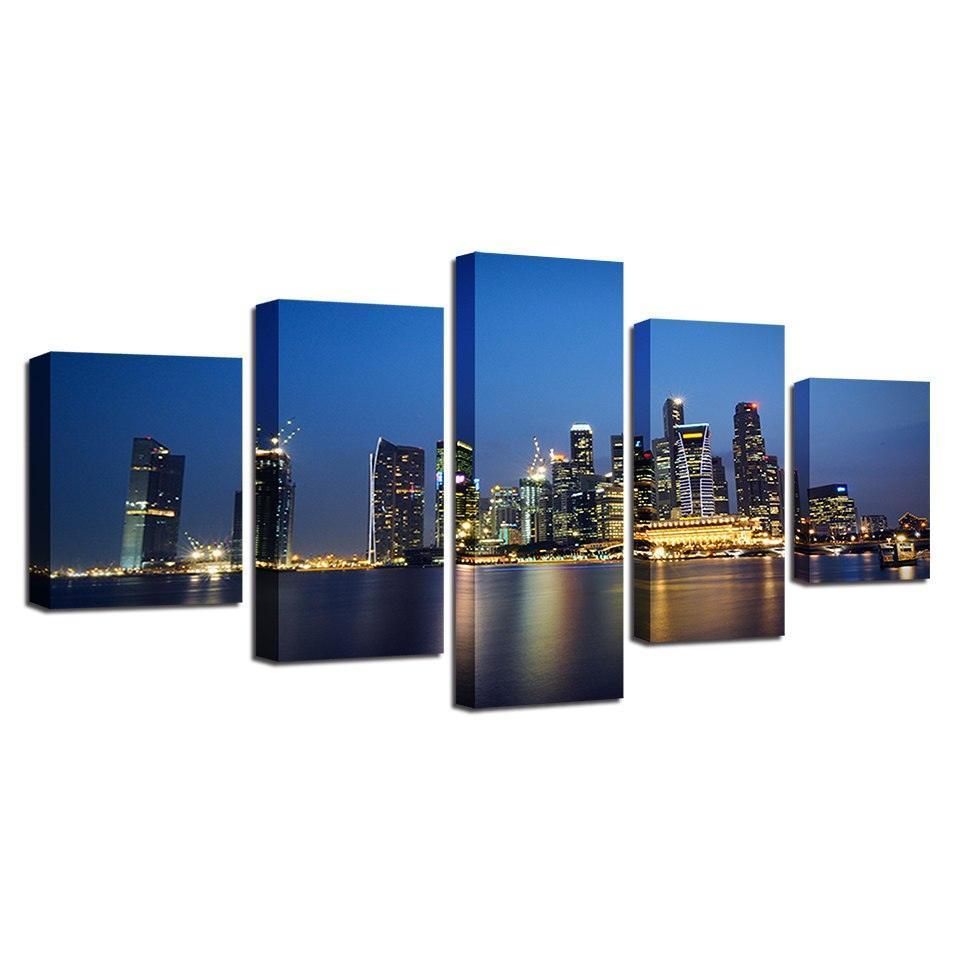 City Night Skyscrapers 5 Piece HD Multi Panel Canvas Wall Art Frame-Original Frame