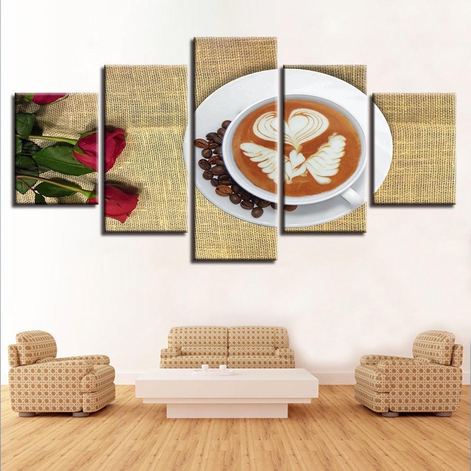 Coffee & Roses 5 Piece HD Multi Panel Canvas Wall Art Frame-Original Frame