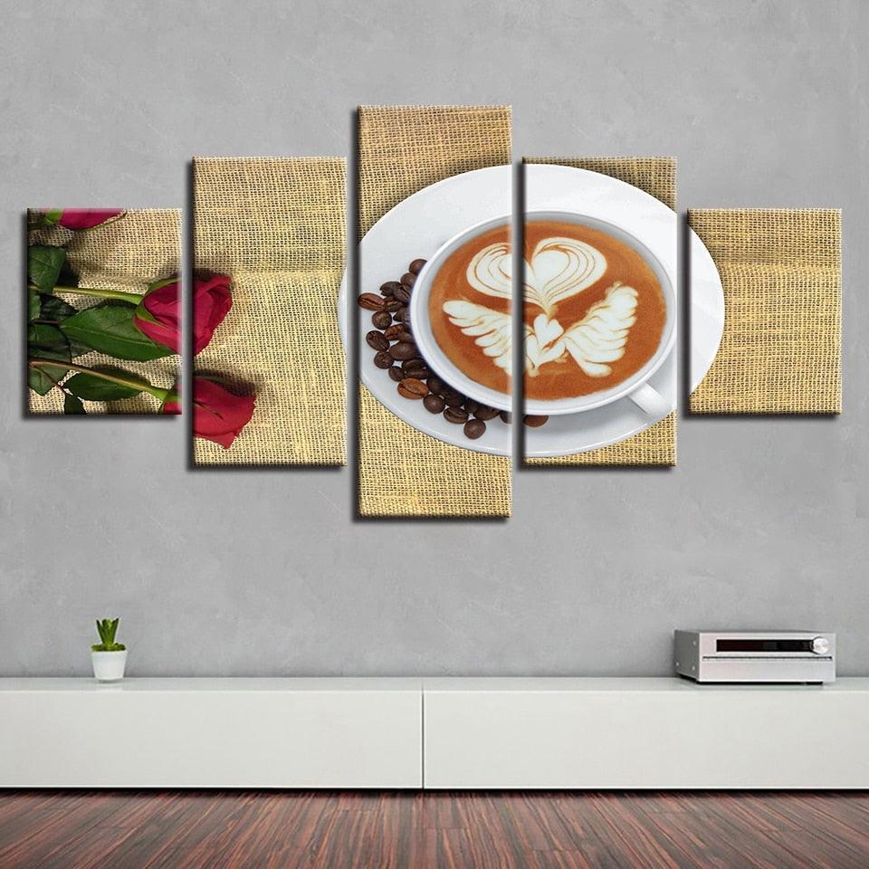 Coffee & Roses 5 Piece HD Multi Panel Canvas Wall Art Frame-Original Frame