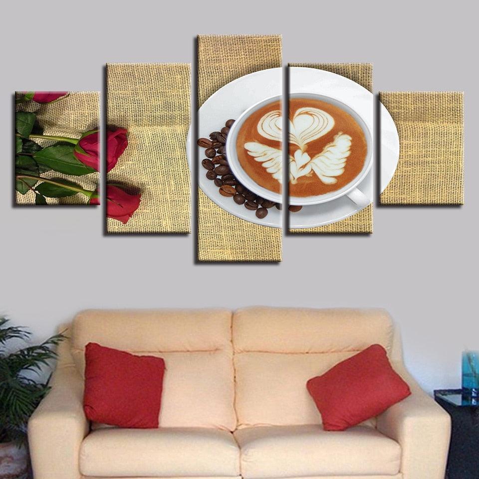 Coffee & Roses 5 Piece HD Multi Panel Canvas Wall Art Frame-Original Frame
