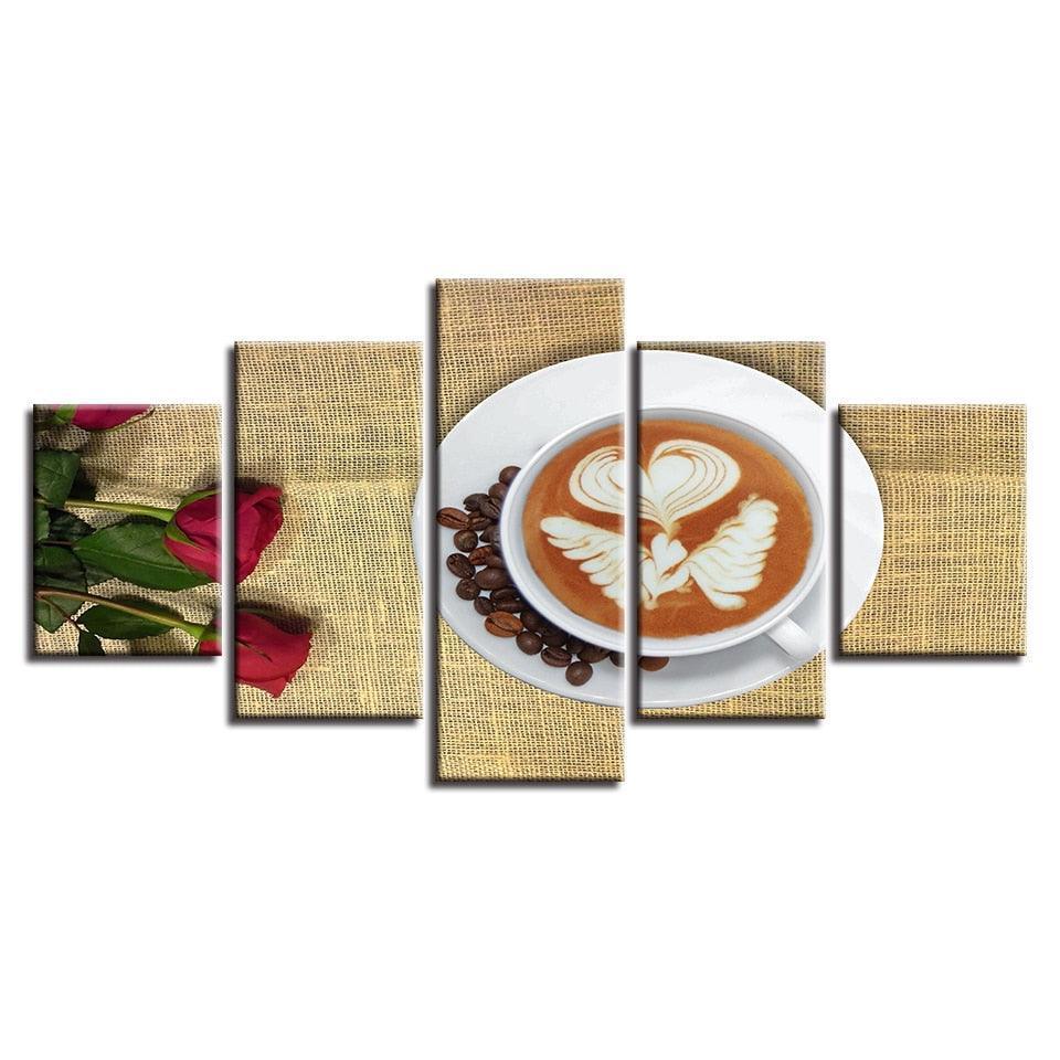 Coffee & Roses 5 Piece HD Multi Panel Canvas Wall Art Frame-Original Frame