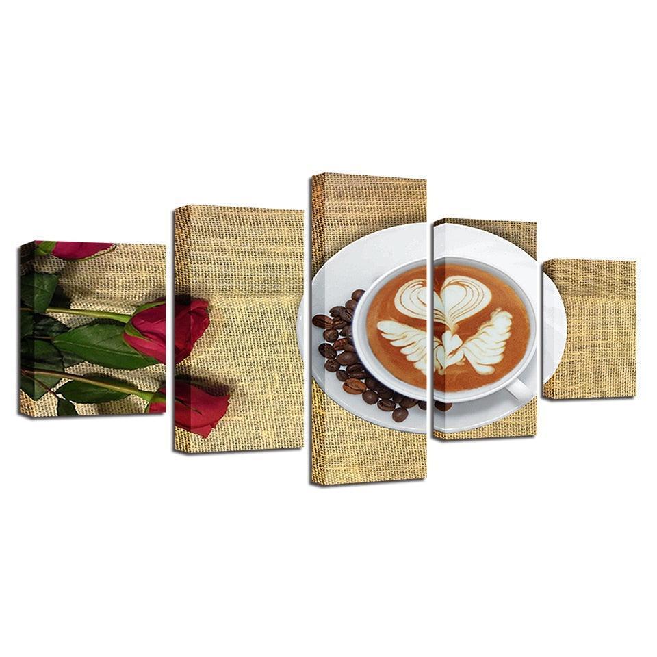 Coffee & Roses 5 Piece HD Multi Panel Canvas Wall Art Frame-Original Frame
