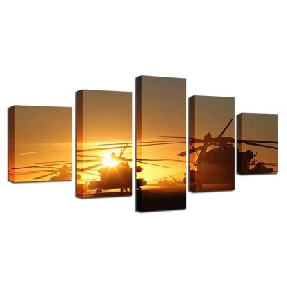 Sunset Airplane 5 Piece HD Multi Panel Canvas Wall Art Frame-Original Frame