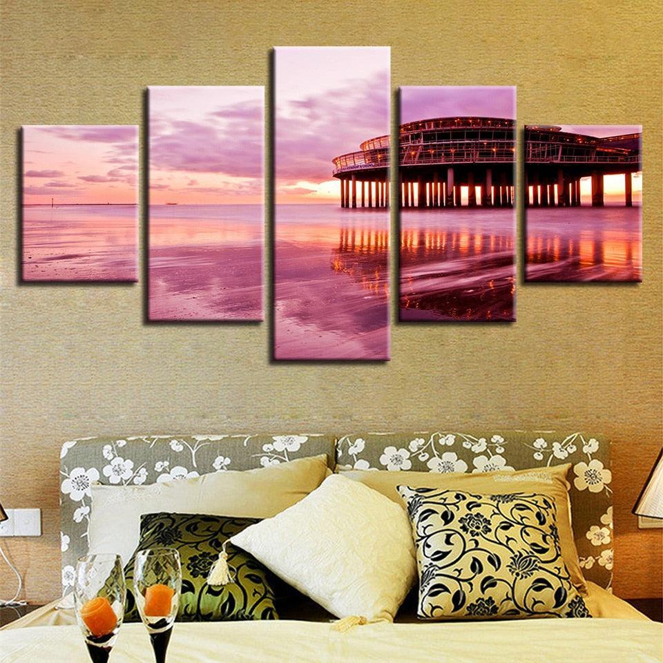 Pink Sunset Beach 5 Piece HD Multi Panel Canvas Wall Art-Original Frame
