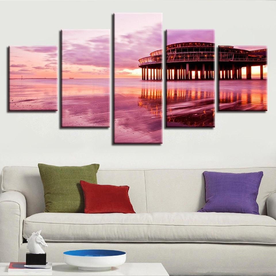 Pink Sunset Beach 5 Piece HD Multi Panel Canvas Wall Art-Original Frame