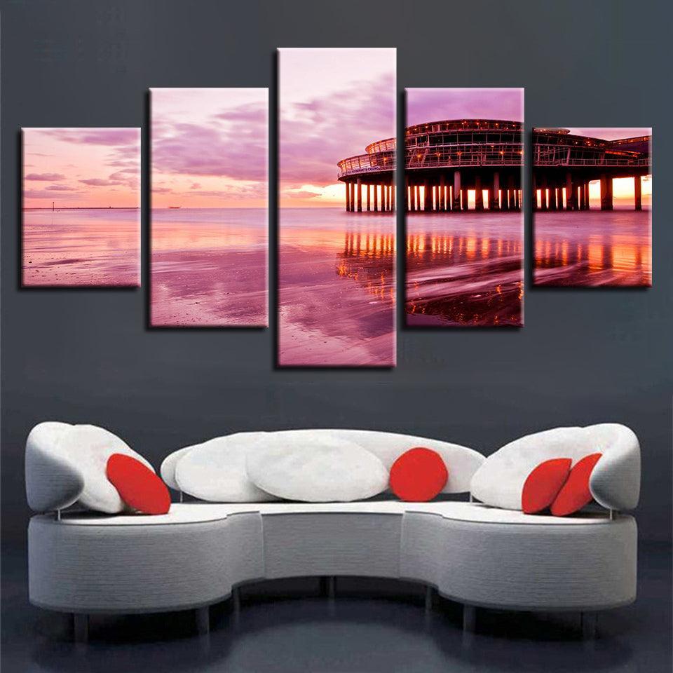 Pink Sunset Beach 5 Piece HD Multi Panel Canvas Wall Art-Original Frame