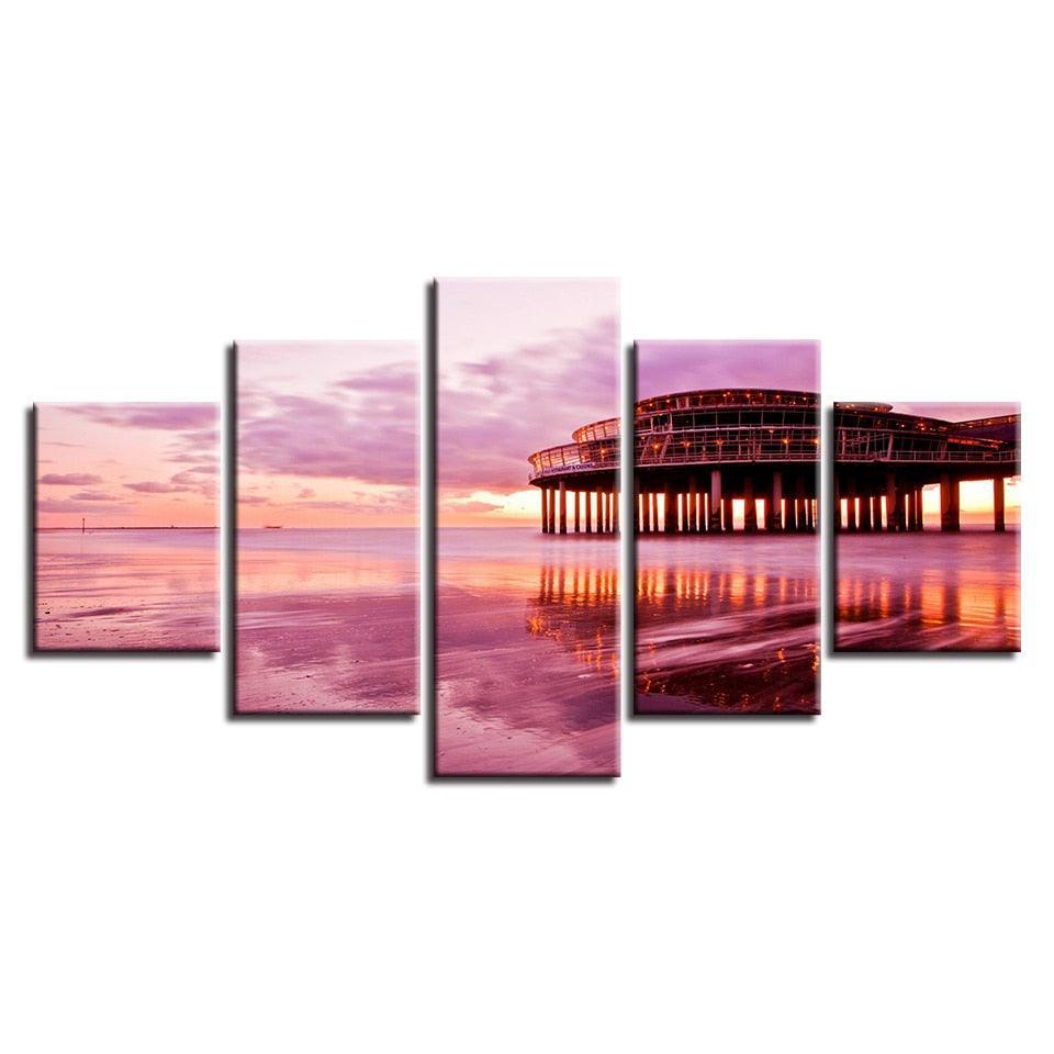 Pink Sunset Beach 5 Piece HD Multi Panel Canvas Wall Art-Original Frame