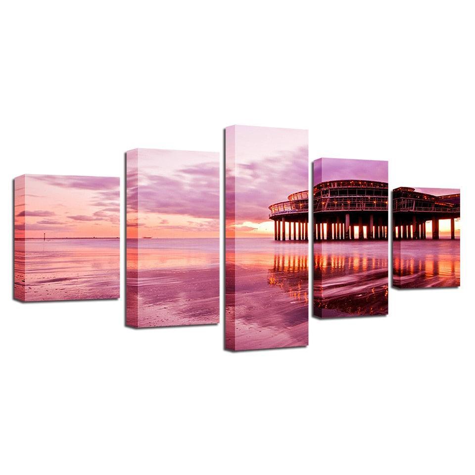 Pink Sunset Beach 5 Piece HD Multi Panel Canvas Wall Art-Original Frame
