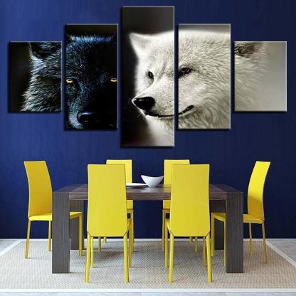 Animal Wolf Couple 5 Piece HD Multi Panel Canvas Wall Art Frame-Original Frame
