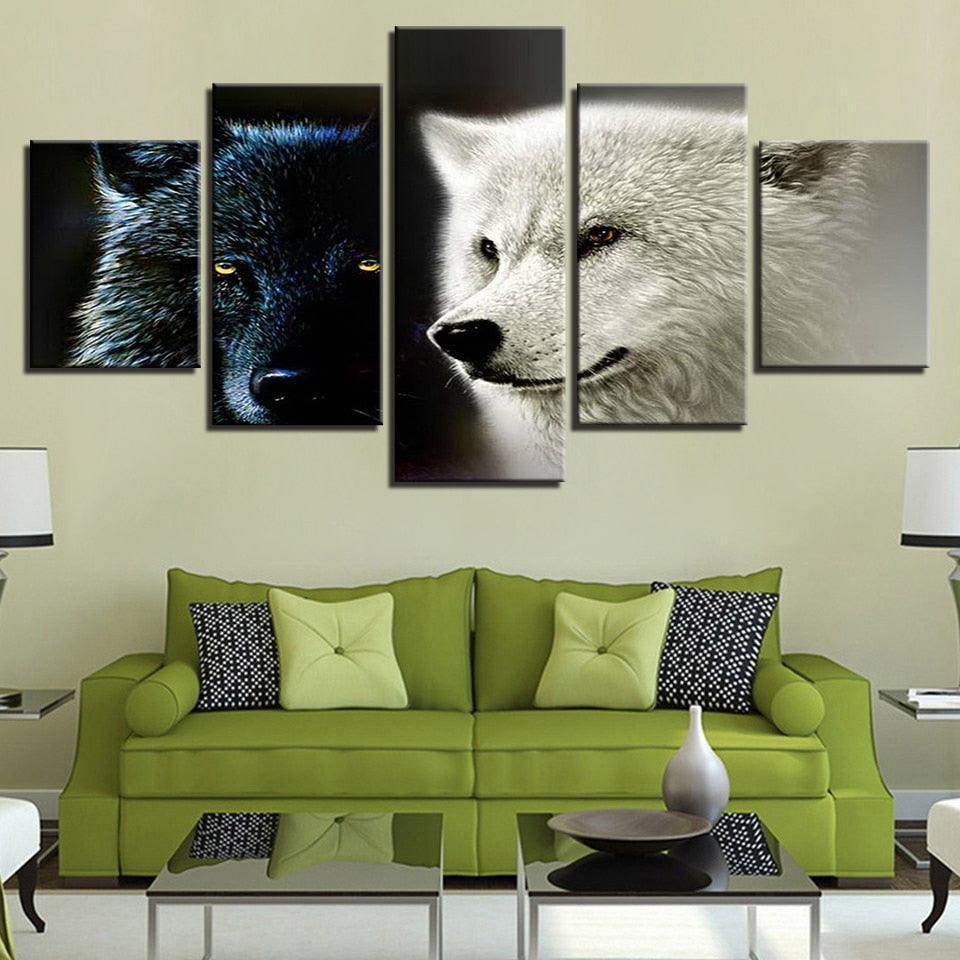 Animal Wolf Couple 5 Piece HD Multi Panel Canvas Wall Art Frame-Original Frame