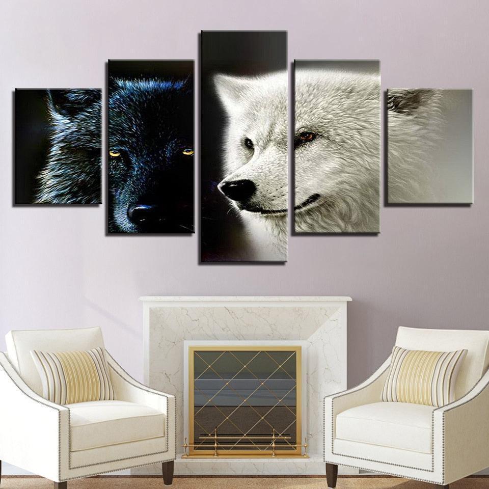 Animal Wolf Couple 5 Piece HD Multi Panel Canvas Wall Art Frame-Original Frame