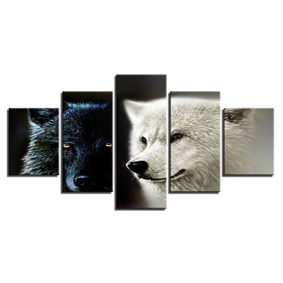 Animal Wolf Couple 5 Piece HD Multi Panel Canvas Wall Art Frame-Original Frame