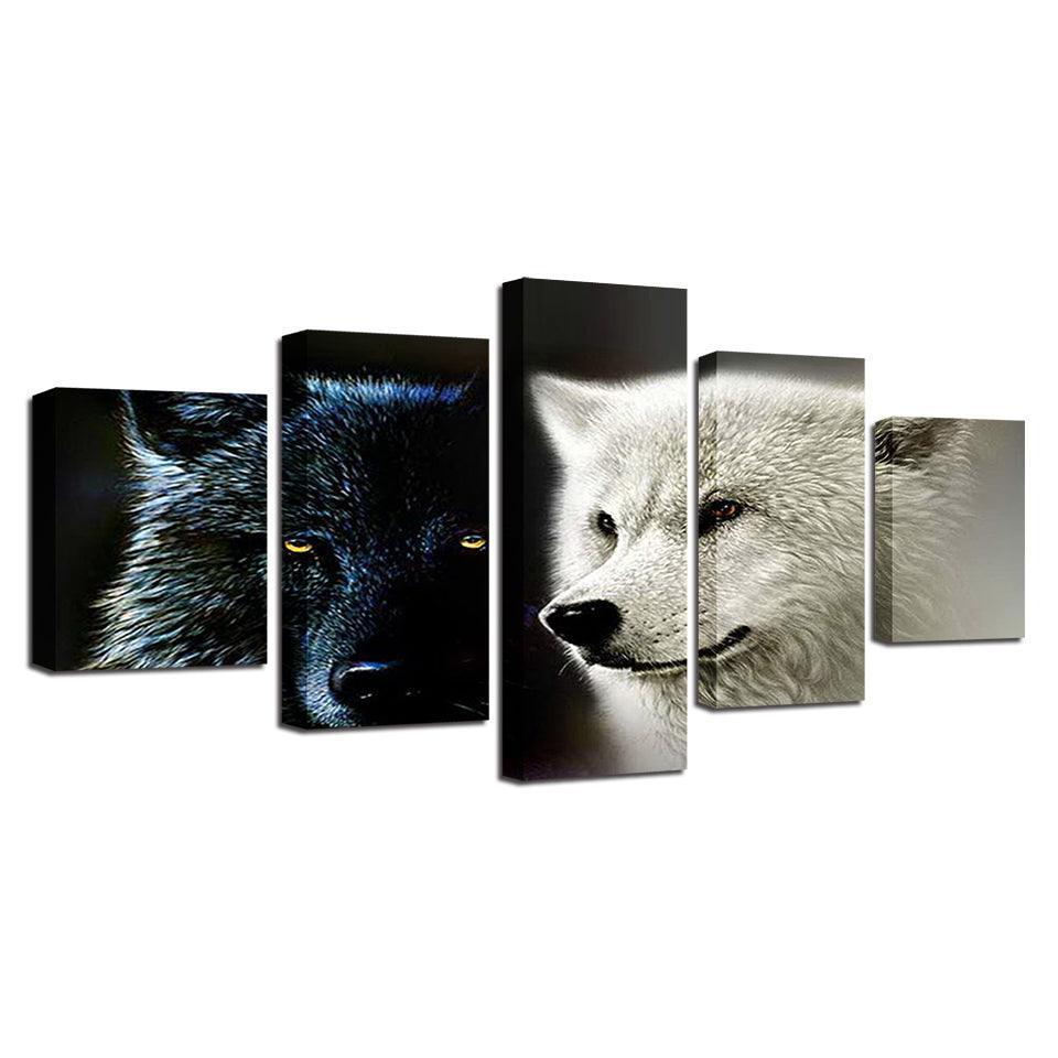 Animal Wolf Couple 5 Piece HD Multi Panel Canvas Wall Art Frame-Original Frame