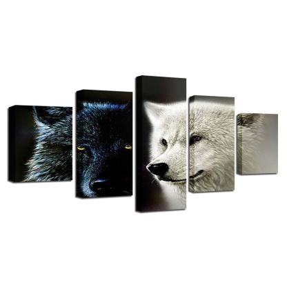 Animal Wolf Couple 5 Piece HD Multi Panel Canvas Wall Art Frame-Original Frame