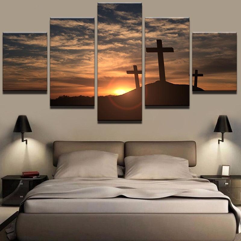 Sunrise in Crosses 5 Piece HD Multi Panel Canvas Wall Art Frame-Original Frame