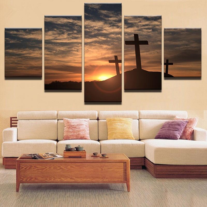 Sunrise in Crosses 5 Piece HD Multi Panel Canvas Wall Art Frame-Original Frame