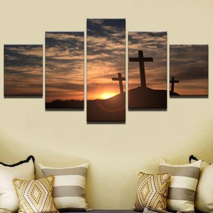 Sunrise in Crosses 5 Piece HD Multi Panel Canvas Wall Art Frame-Original Frame