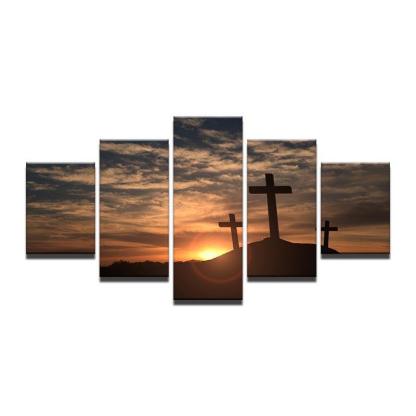 Sunrise in Crosses 5 Piece HD Multi Panel Canvas Wall Art Frame-Original Frame