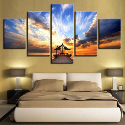 Dockside Sunrise Bridge 5 Piece HD Multi Panel Canvas Wall Art Frame-Original Frame