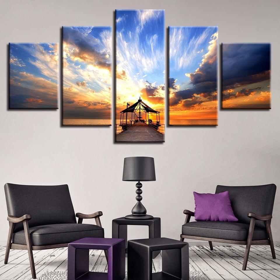 Dockside Sunrise Bridge 5 Piece HD Multi Panel Canvas Wall Art Frame-Original Frame